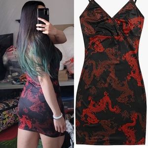 Chinese Asian dragon black red print sweetheart dress